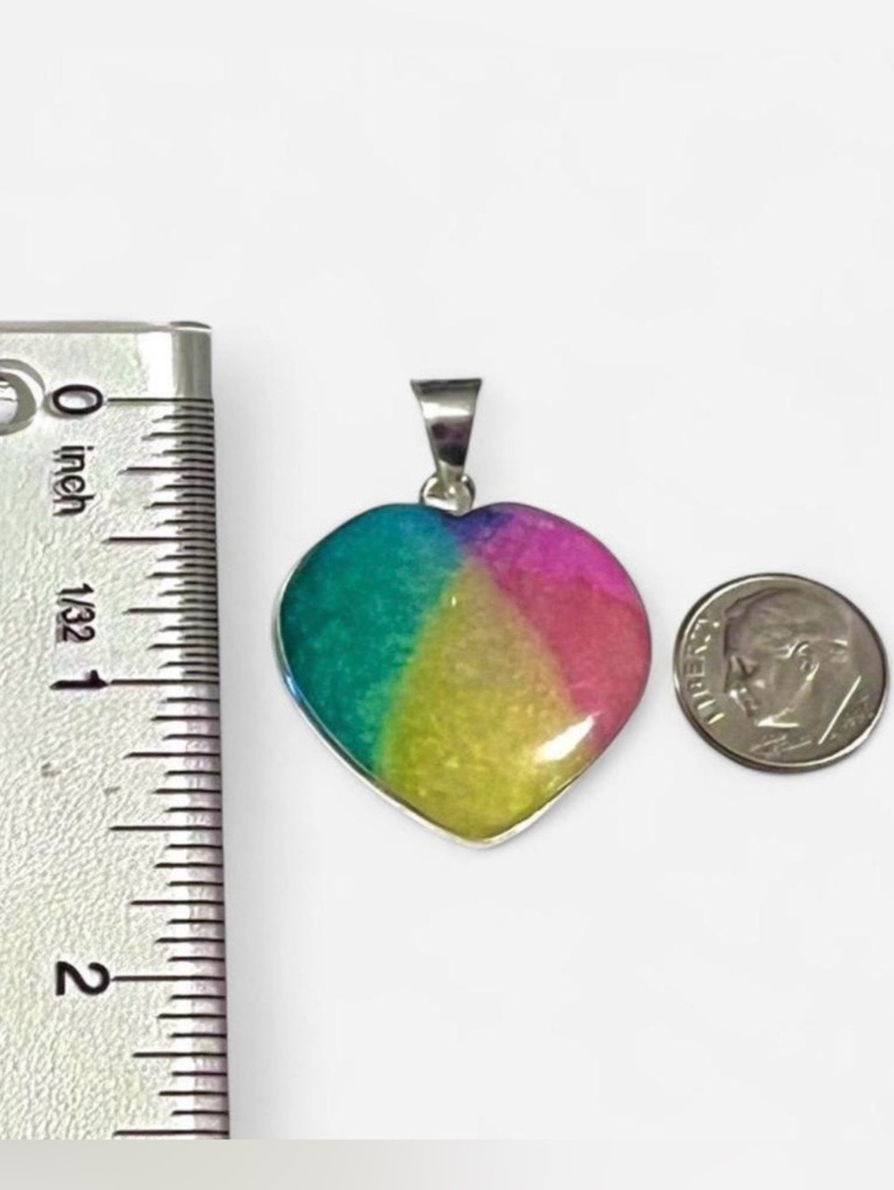 Colorful Rainbow Solar Quartz Heart 1.5” Sterling Silver Pendant - Picture 5 of 5